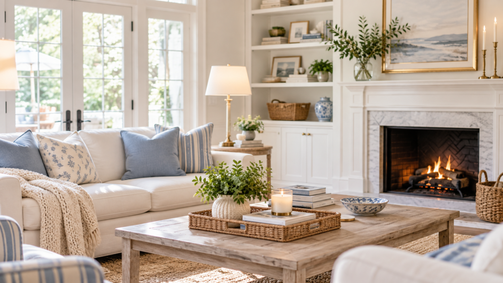 Bright coastal living room with a white sofa, soft blue accents, natural wood coffee table, and elegant fireplace.
